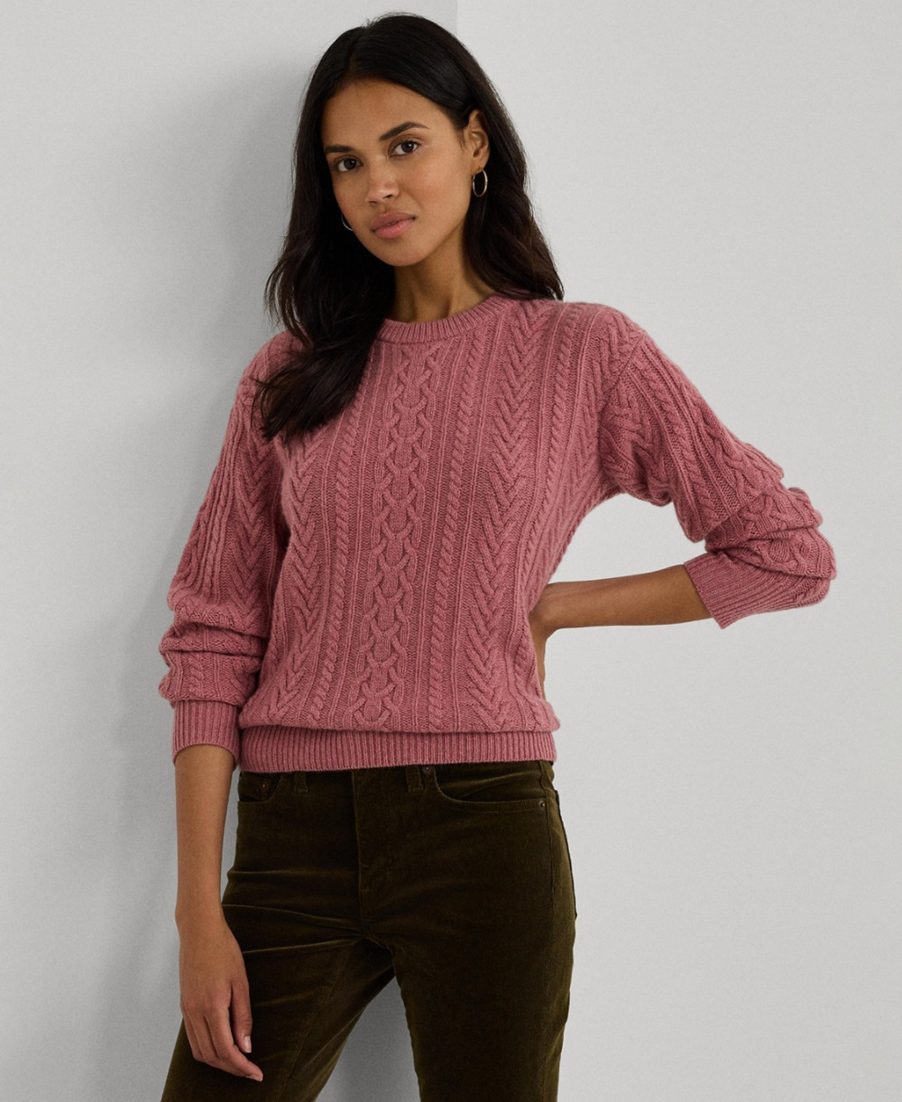 Lauren Ralph Lauren Women Cable Knit Crewneck Sweater Rose Size L